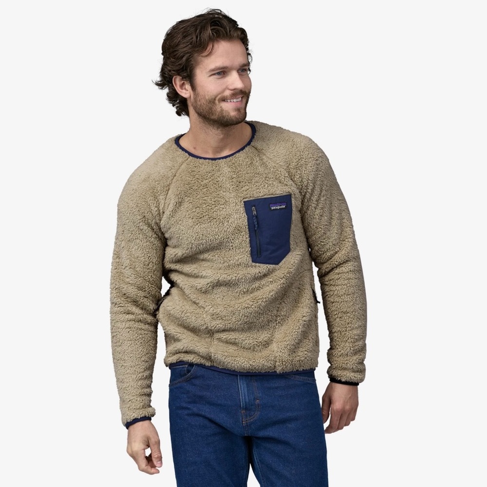 Patagonia Los Gatos Fleece Tan and Blue Crewneck Sweater Size Small